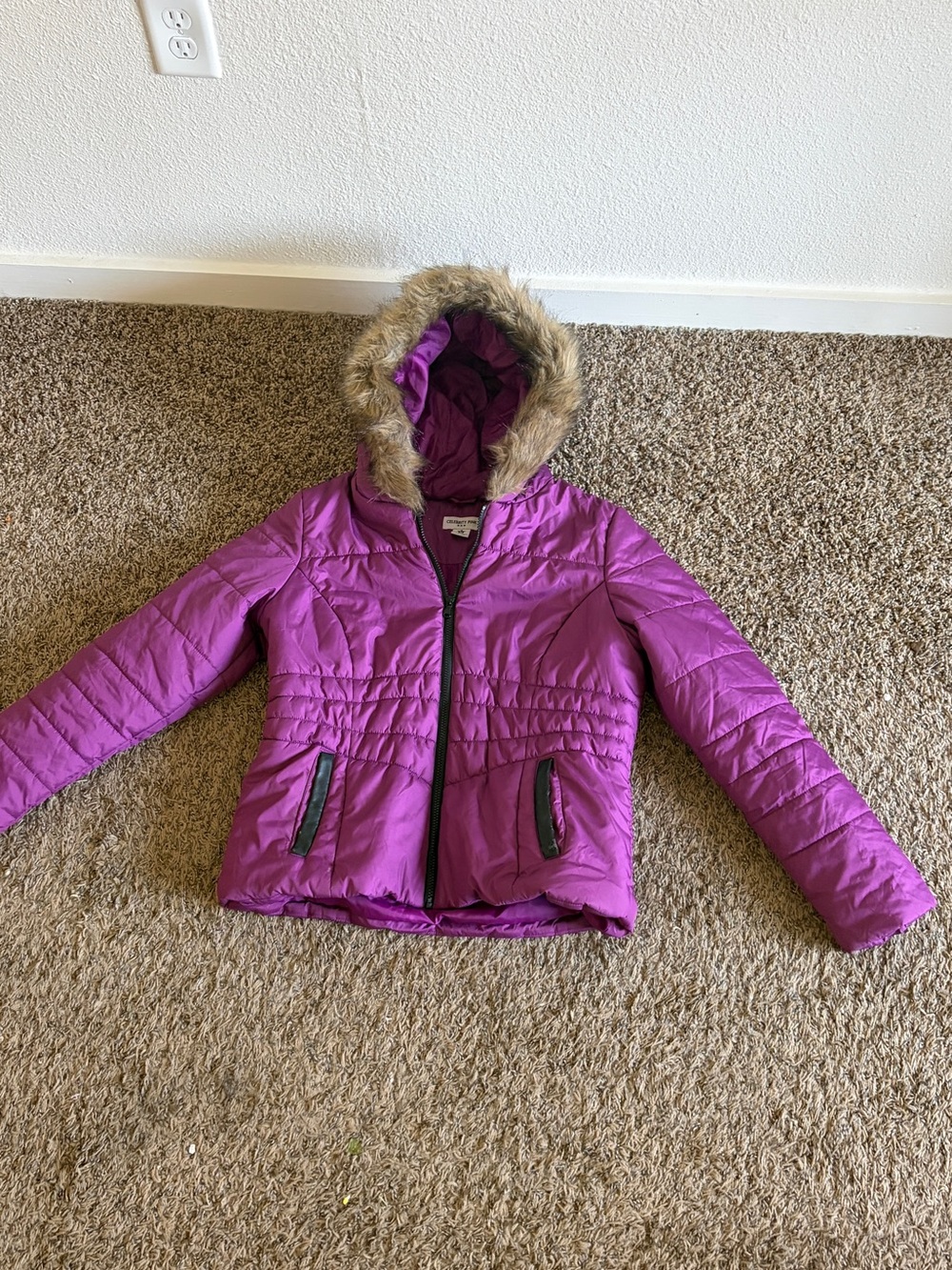 Celebrity Pink Magenta Quilted Puffer with Faux Fur Trim